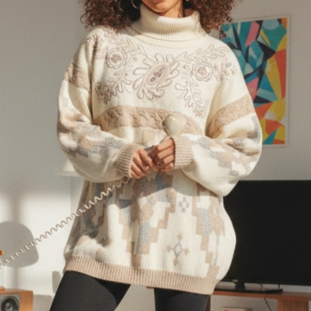 Vintage Cream and Beige Patterned Turtleneck Sweater